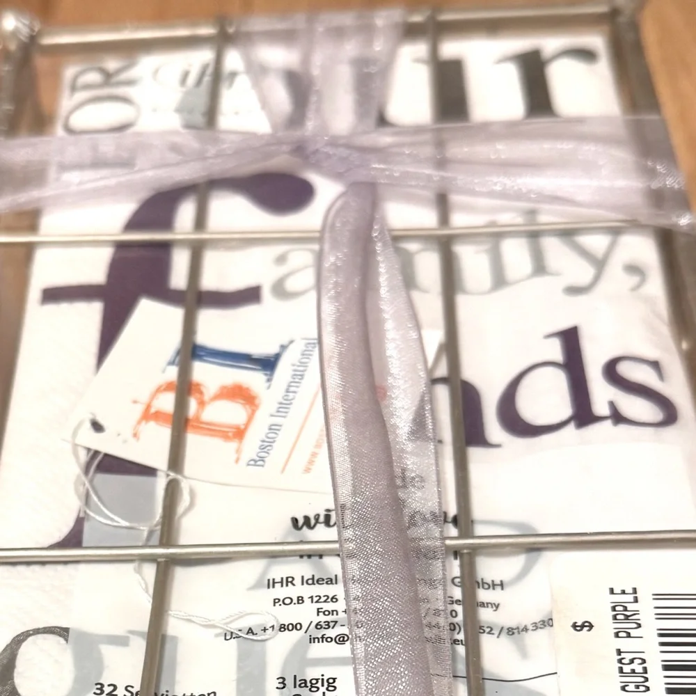 NWT Boston International Purple Friends & Guests 3-Ply Napkins and Caddy. 32 Ct